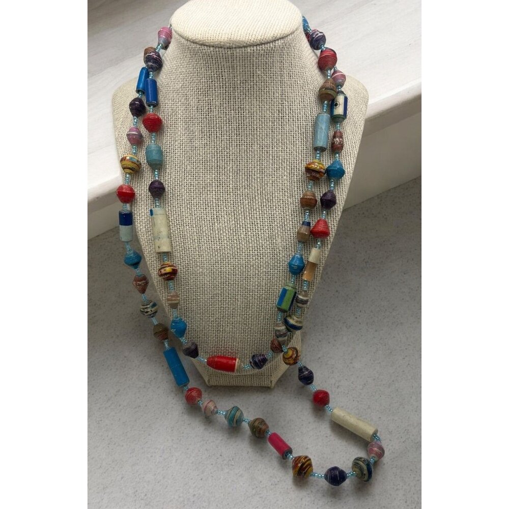 Vintage Handmade Multicolor Seed Beaded Necklace Artisan Design Paper Beads 52"